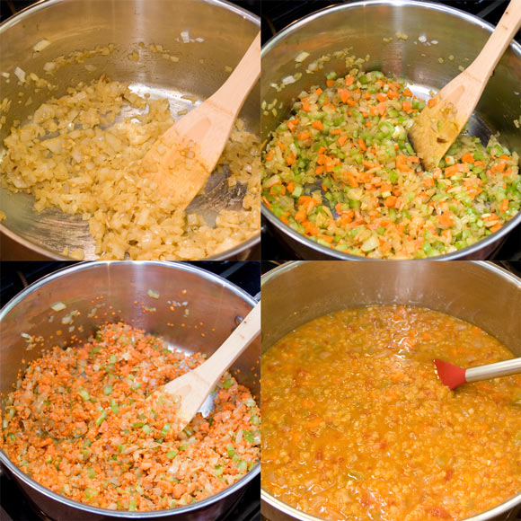 Curried Tomato and Red Lentil Soup in Four Stages of Preparation