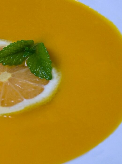 Heirloom Carrot and Leek Soup with Lemon Verbena, Spearmint & Garlic Gremolata