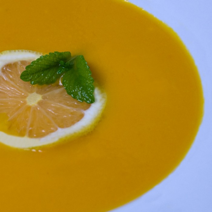  Heirloom Carrot and Leek Soup with Lemon Verbena, Spearmint & Garlic Gremolata