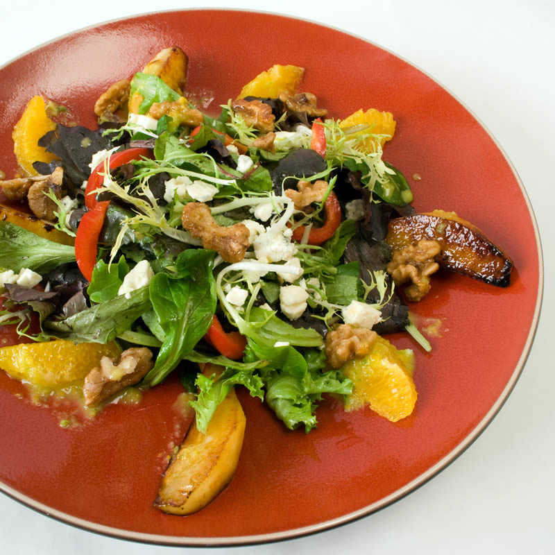 Caramelized Pear Salad with Gorgonzola, Candied Spiced Walnuts & Spicy Orange Vinaigrette