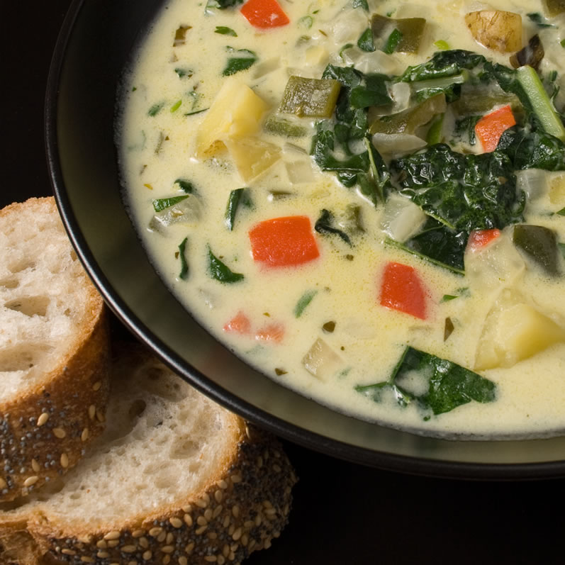 Green Chile Chowder with Yellow Finn Potatoes and Italian Kale