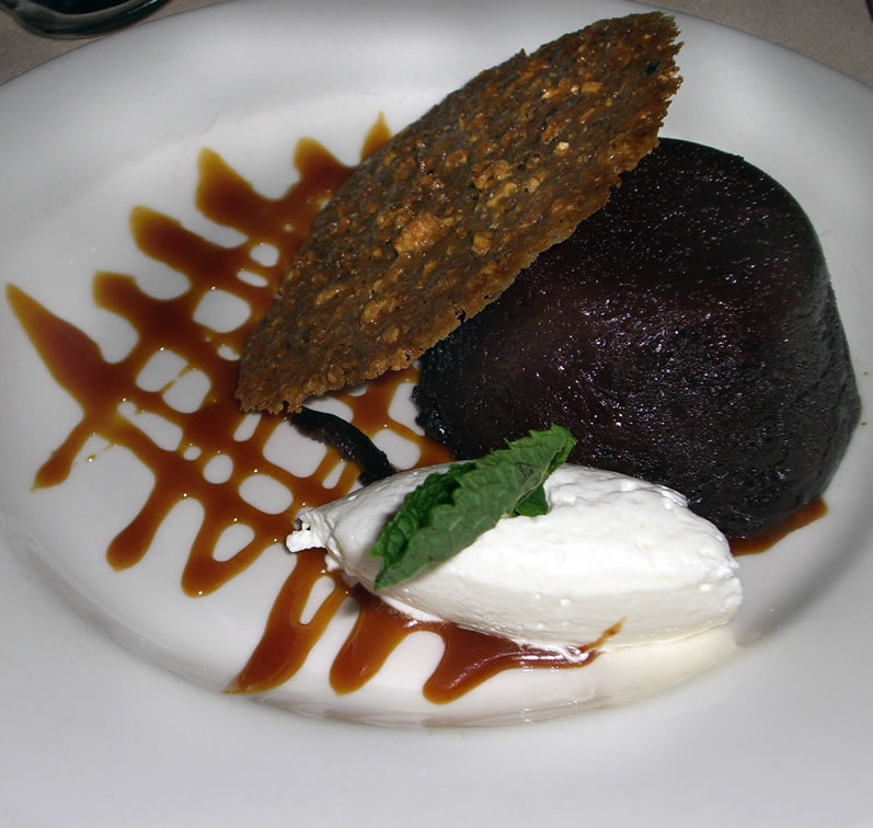 Lucy's Table Boca Negra: Moist, Warm Flourless Chocolate Cake with Whipped Cream and Florentine