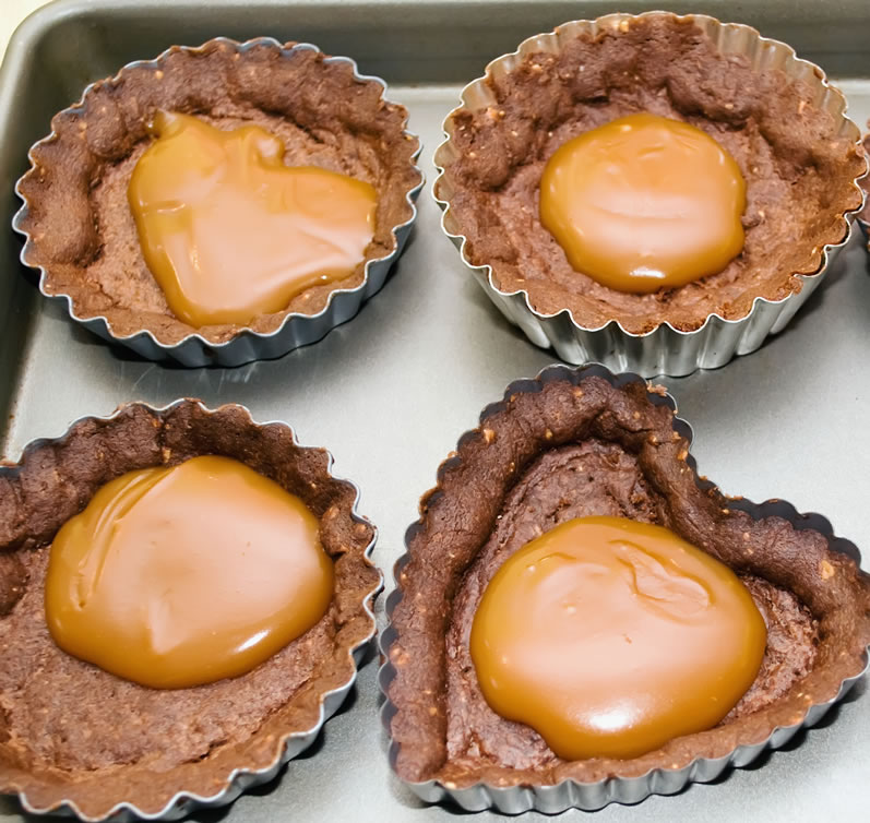 Chocolate Almond Short-Crust Pastry Shells Filled with Burnt Sugar Caramel Sauce