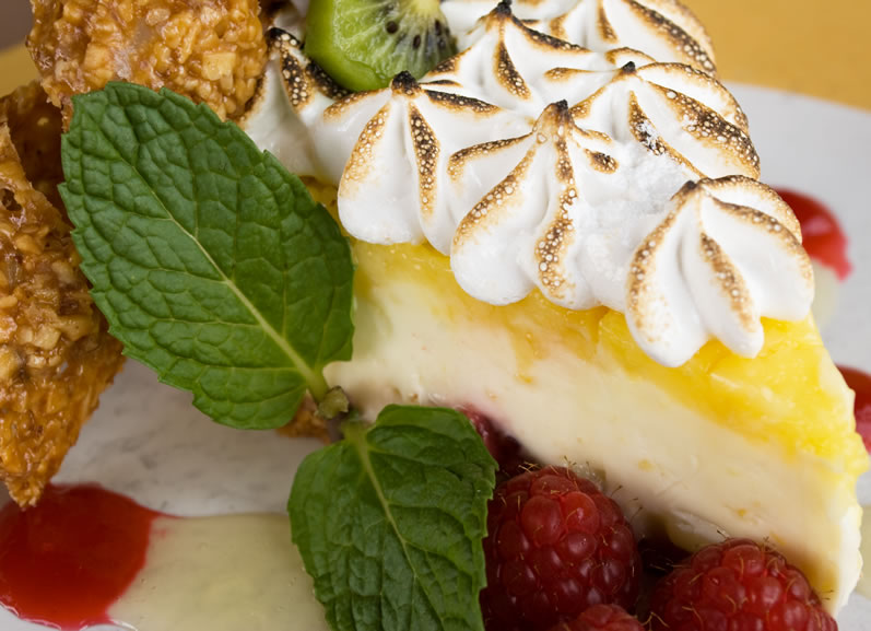 Tonto Lemon-Lime Sour Cream Meringue Pie with Raspberries & Kiwi in an Almond Crust