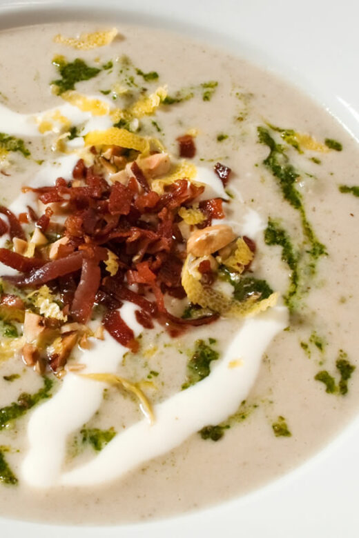 Roasted Garlic & Sunchoke Soup with Rosemary Hazelnut Pesto & Goat Cheese