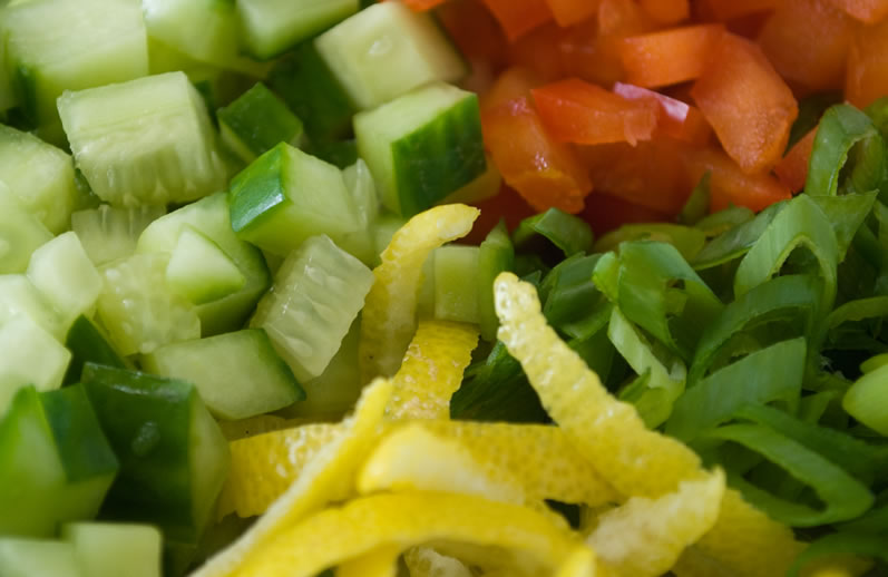 Diced Cucumber, Red Bell Pepper, Green Onions & Lemon Zest for Spicy Cucumber Gazpacho