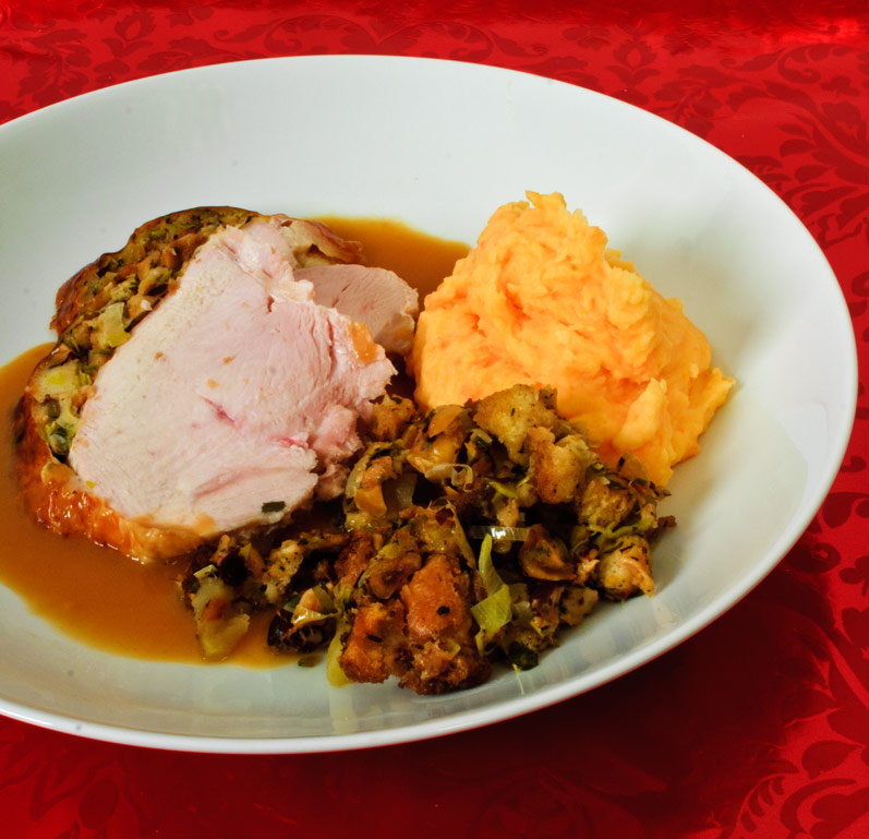  Thanksgiving Recipe Roundup: Melted Leek, Green Apple & Toasted Hazelnut Dressing with Roast Turkey and Potato-Sweet Potato Mash