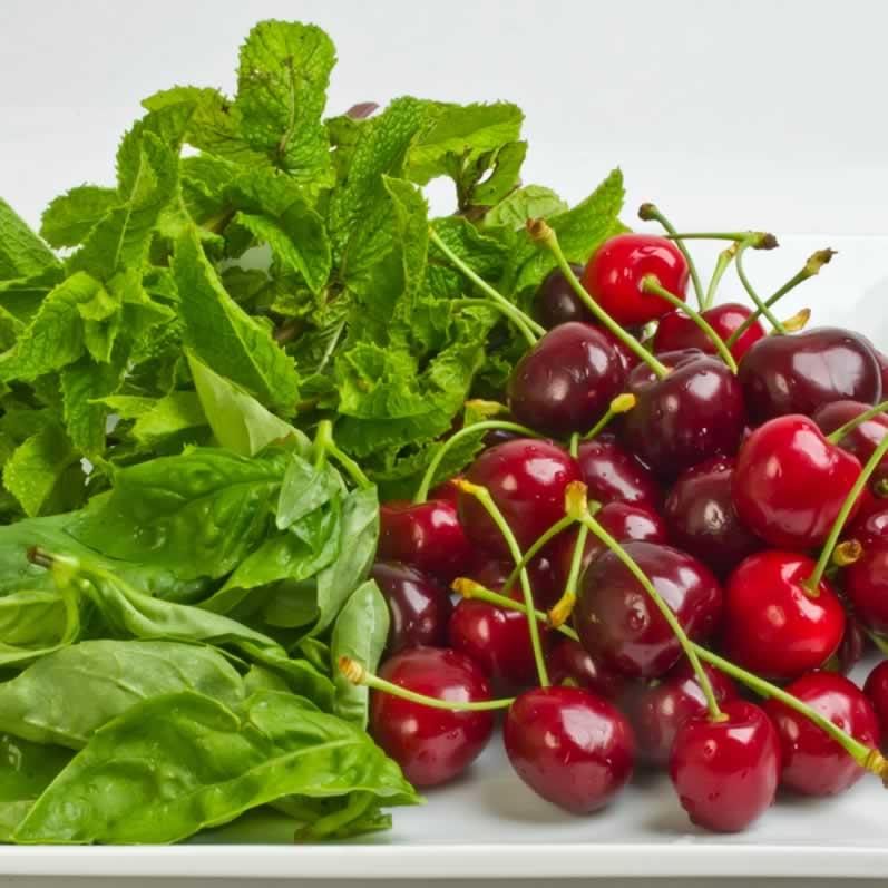Sweet Cherry & Pea Vine Salad with Basil & Mint