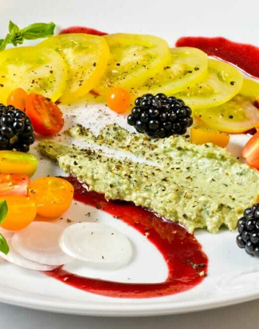 Summer Tomato, Sweet Onion, & Blackberry Salad with Basil Mint Crema | LunaCafe