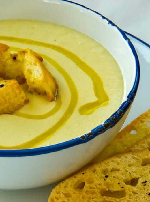 Creamy Cauliflower Leek Soup with Curried Mustard Croutons