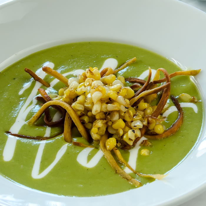 Roasted Green Chile Soup with Mexican Crema, Frizzled Tortillas & Charred Sweet Corn | LunaCafe