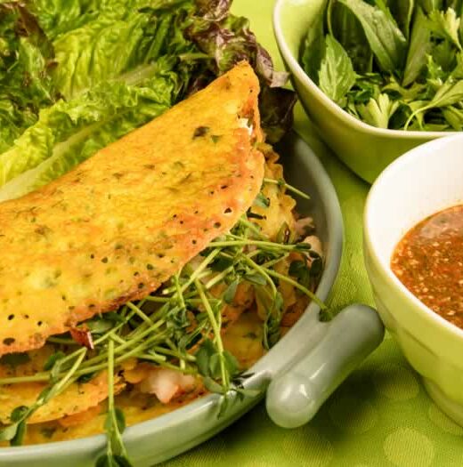 Vietnamese Crispy Rice Cake with Lettuce Leaves, Fresh Herbs & Nuoc Cham Sauce