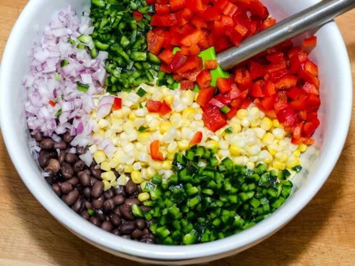 Chopped Ingredients for Corn & Black Bean Salsa in a Bowl