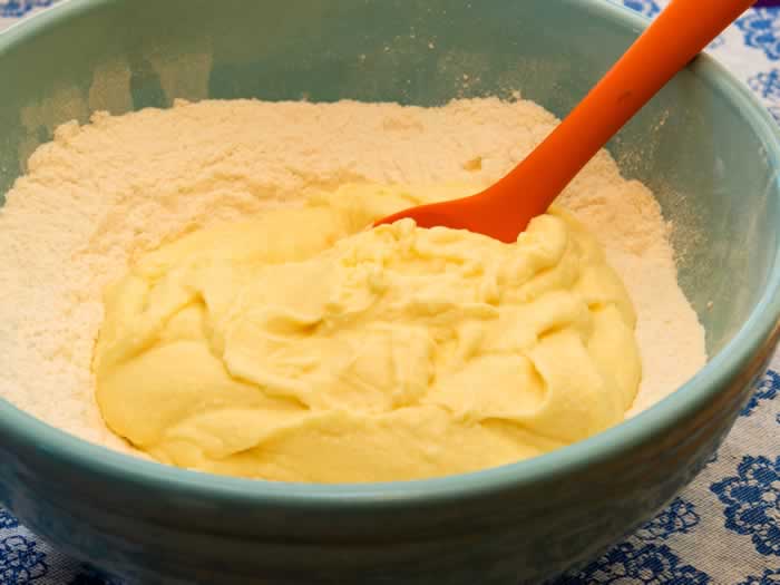 Adding Ricotta-Egg Mixture to Ricotta Cavatelli Pasta Dough 