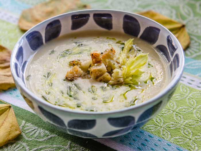 Triple Celery Soup with Parmesan, Parsley & Garlic Croutons & Parsley Oil