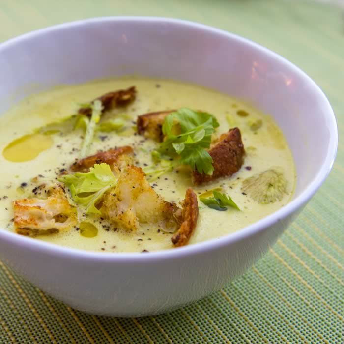 Curried Celery Soup with Green Apple, Coconut & Lime