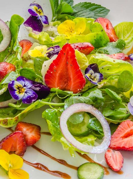 Strawberry, Baby Lettuce, & Pea Vine Salad with Strawberry Balsamic Vinaigrette